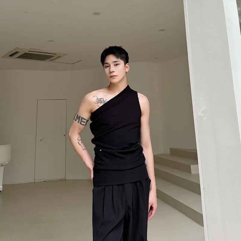 Voguable  Personalized Trendy Slant Shoulder Slim Fit Sleeveless Vests Original Plain Men's Street Tank Tops voguable