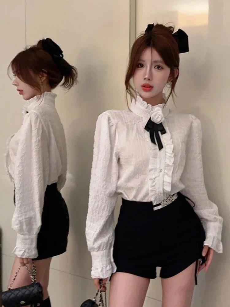 3D Floral Bow Shirt Women Elegant Long Sleeve Retro Korean White Blouse Casual Design Female Vintage Sweet Tops Spring New voguable