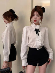 3D Floral Bow Shirt Women Elegant Long Sleeve Retro Korean White Blouse Casual Design Female Vintage Sweet Tops Spring New voguable