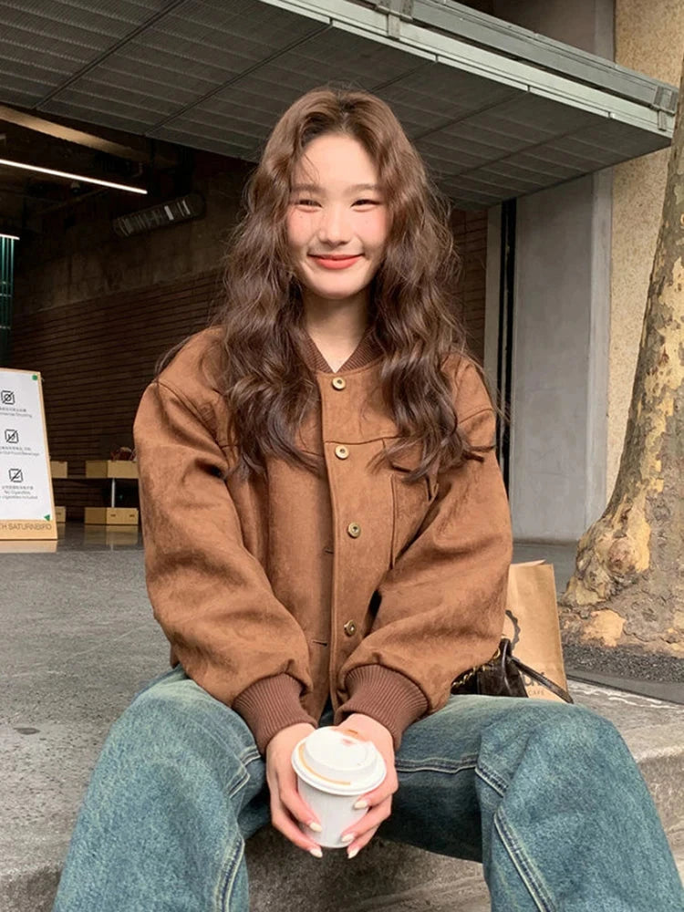 Y2K Retro Baseball Jacket Women Faux Suede Long Sleeve Fall Winter Coat Streetwear Casual American Vintage O Neck Bf Tops voguable