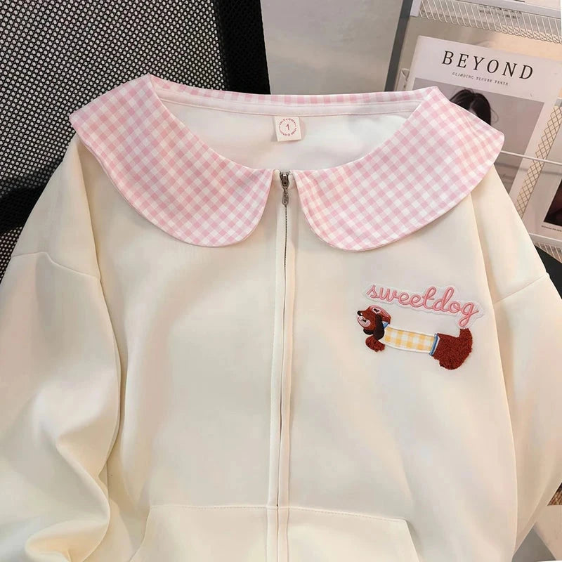 Cartoon Sweet Kawaii Hoodies Women Loose Cute Peter Pan Collar Sweatshirts Fall Preppy Style Long Sleeve New Embroidery Top voguable