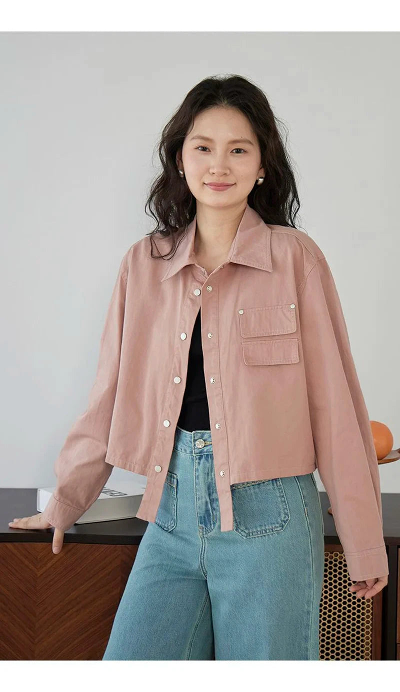 American Y2K Cargo Jacket Women Fall Casual Long Sleeve Vintage Short Coat Harajuku Turn Down Collar New Solid Hip Hop Tops voguable