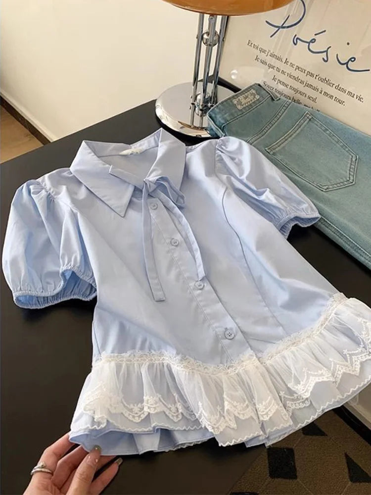 Casual Sweet Blue Shirt Women Cute Lace Patchwork Bow Blouse Vintage French Preppy Style Short Sleeve Elegant Kawaii Tops voguable