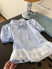 Casual Sweet Blue Shirt Women Cute Lace Patchwork Bow Blouse Vintage French Preppy Style Short Sleeve Elegant Kawaii Tops voguable