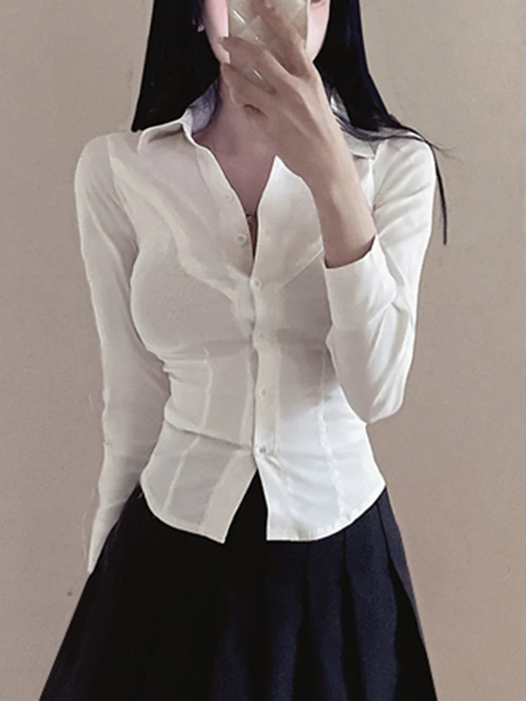Voguable Sexy Women White Shirt  Slim Short Sleeve Summer School Button Up Shirt Girls JK Casual Tunic Designed Harajuku Tops New voguable