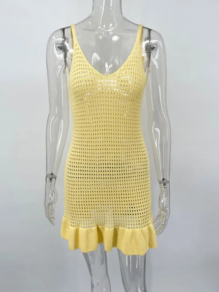 Knit Ruffled Hollow Out Mini Dress Female V-Neck See-Through Holiday Beach Casual Clothes Summer Women's Knitwear Dress voguable