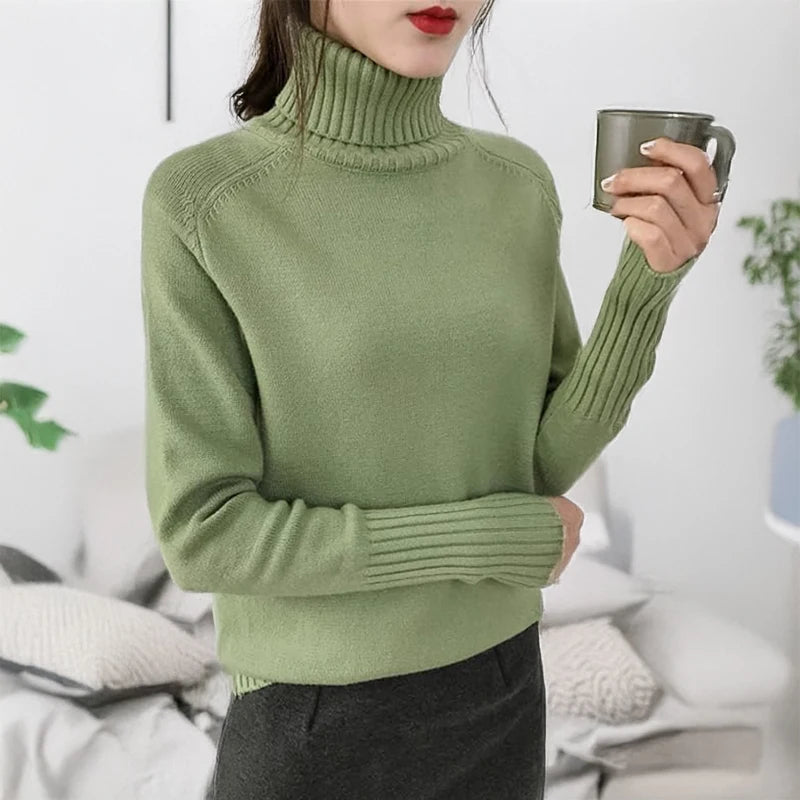 Women Turtleneck Knitted Sweaters Long Sleeve Roll-neck Pullover Plain Jumper Ladies Autumn Winter Layered Basic Outfit voguable