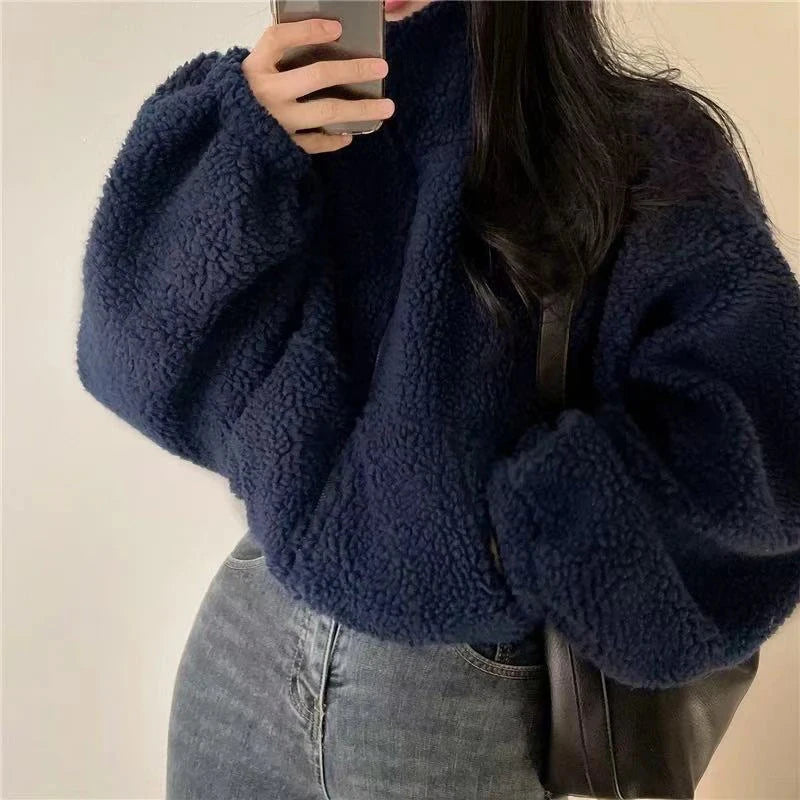 Artificial Lamb Wool Crop Jacket Women Autumn Winter Thick Warm Plush Coat Female Fashion Zipper Stand Collar Casual Outerwear voguable