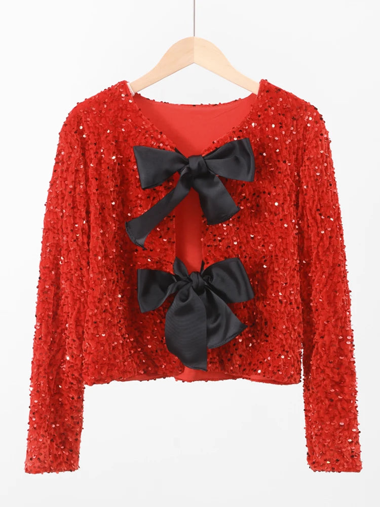 Fashion Holiday Tie-front Sequined Jacket For Women Y2K Shiny Chic Cropped Coat Female Elegant Long Sleeve Lady Party Outerwear voguable