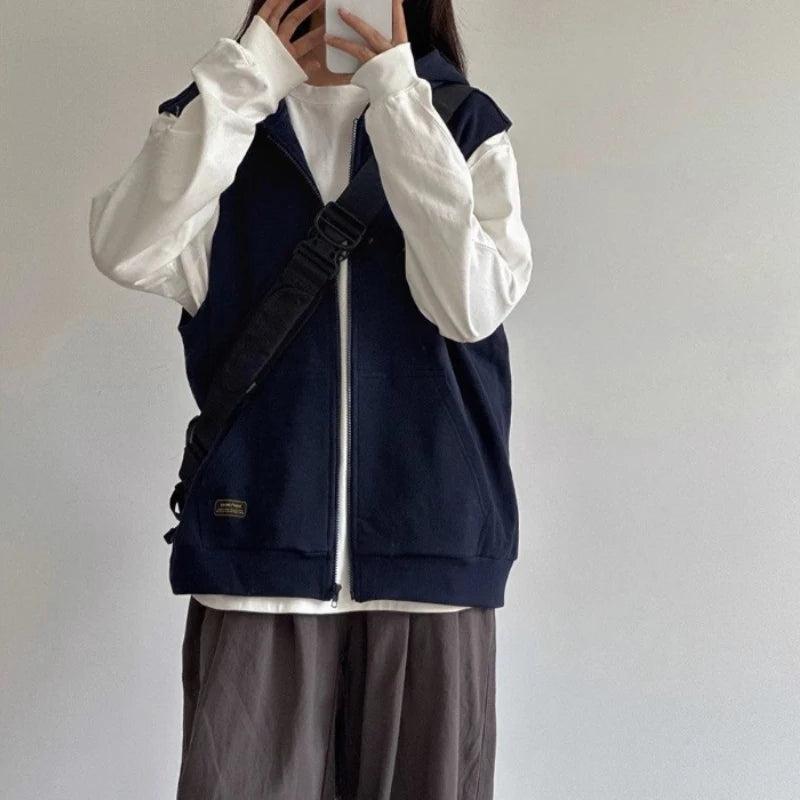 American Retro Sleeveless Hooded Zippered Cardigan Jacket for Women's Autumn Winter Hoodies Camisole Top Vest Jacket voguable