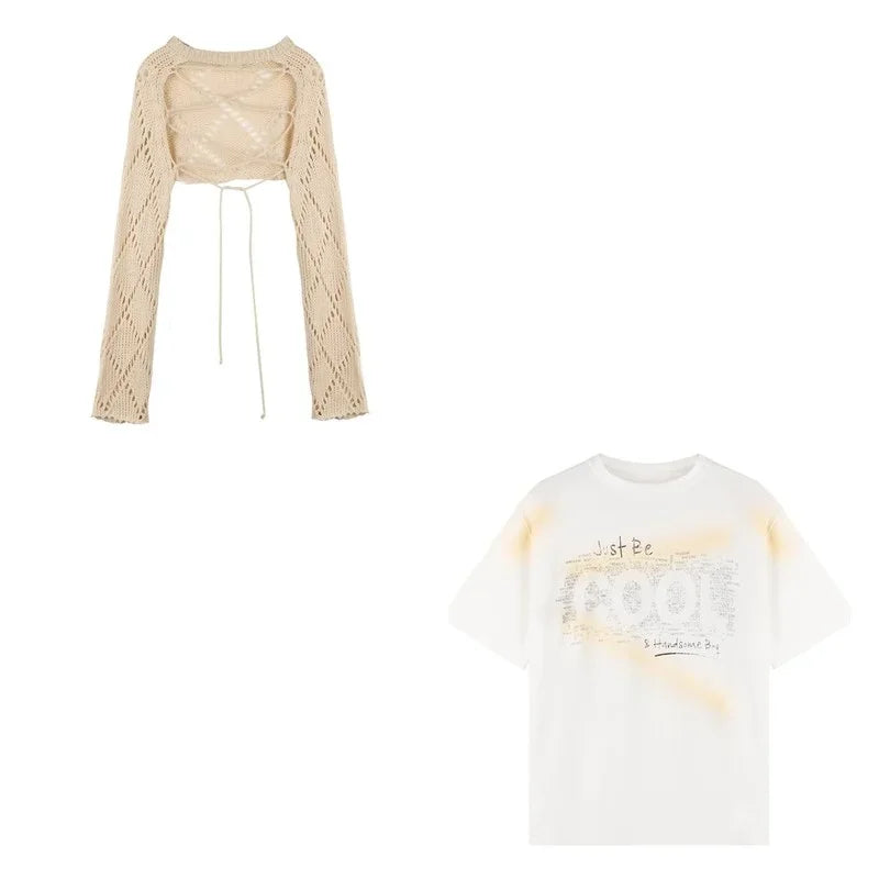Voguable 2024 Summer New Letter Print Loose Casual Short Sleeve T-Shirt Women + Hollow Sunscreen Lace-Up Knit Sweater Two-piece Suit voguable