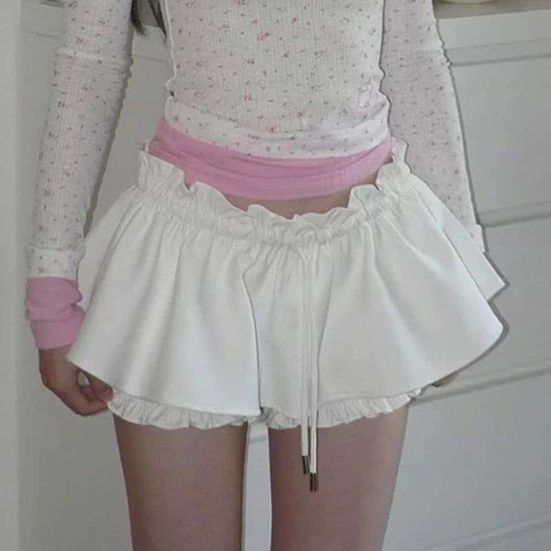 Voguable Japanese Lolita Style A-line Shorts Skirt White Low-waisted Lace-up Tutu Skirts Fairycore Cute Bottoms y2k Kawaii Skirt voguable