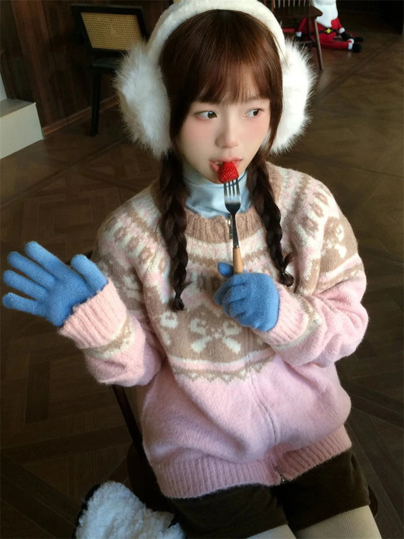 Vintage Print Knitted Cardigan Women Japanese Long Sleeve Sweater Outerwear Winter Aesthetic Pink Knitwear Korean Jumpers voguable