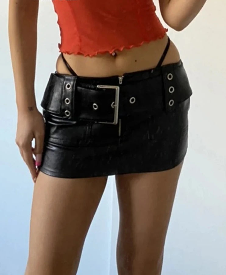 Voguable Vintage Leather Skirts Belt Y2K Women'S Low Waist Mini Skirt Fashion Streetwear PU Straight Skirt 90s Punk Sexy Summer voguable