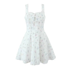 Sexy Slim Fit Short Floral Print Dress For Women Sleeveless Lacing Up A Line Holiday Party Dresses Summer Corset Robe voguable