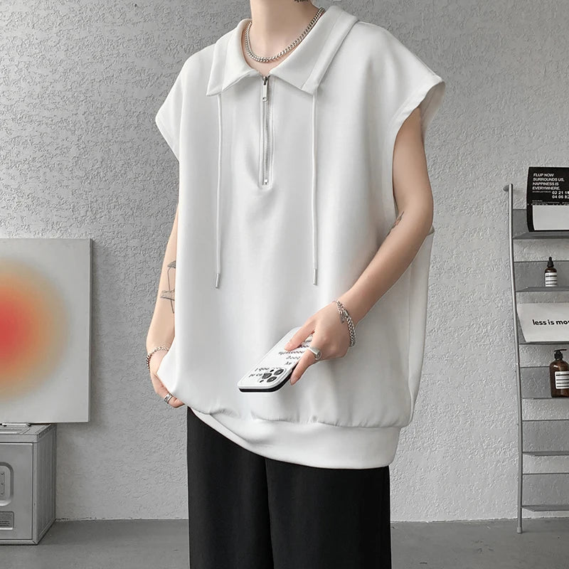 Men Sleeveless T Shirt Half Zip Collar Solid Color Streetwear Fashion Top Unique Design Trendy Summer Casual Wear New Arrival voguable
