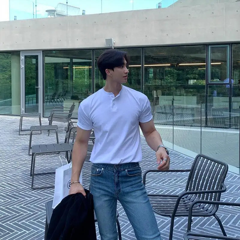 Summer Men‘s Short Sleeve Henley Neck T Shirts American Retro Casual Beach T-shirts Loose High-Quality Fitness Sports Shirt Tops voguable
