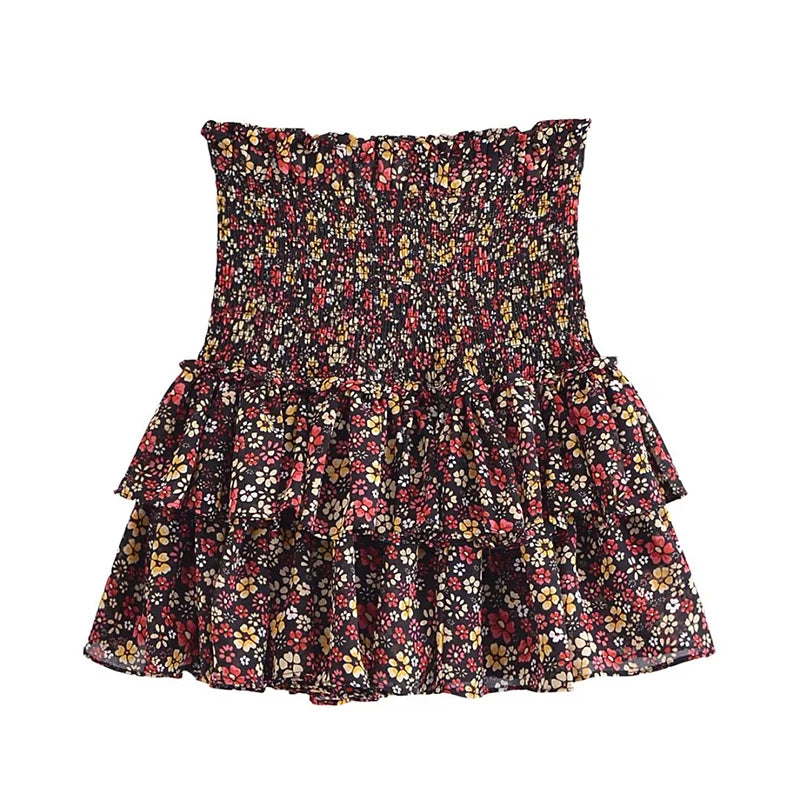 Voguable  Women French Style Floral Print Cake Mini Skirt Vintage Elastic Waist Female Ruffle Hem Summer Chiffon Skirts voguable