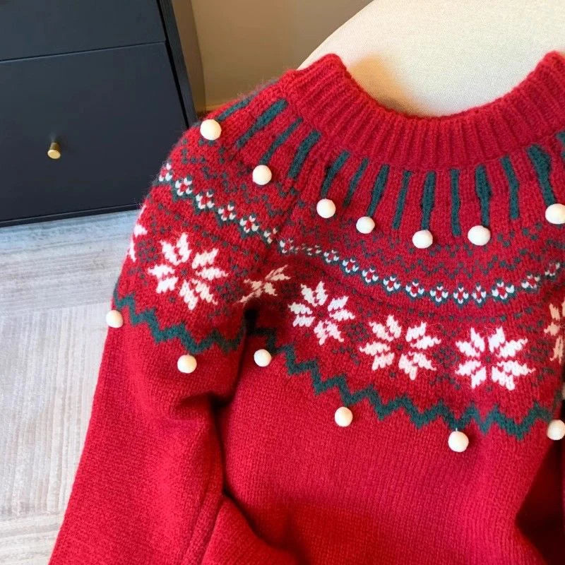 Sweet Print Christmas Red Sweater Women Cute O Neck Vintage Knitted Jumper Casual Korean Lady Fall Winter Preppy Style Loose Top voguable