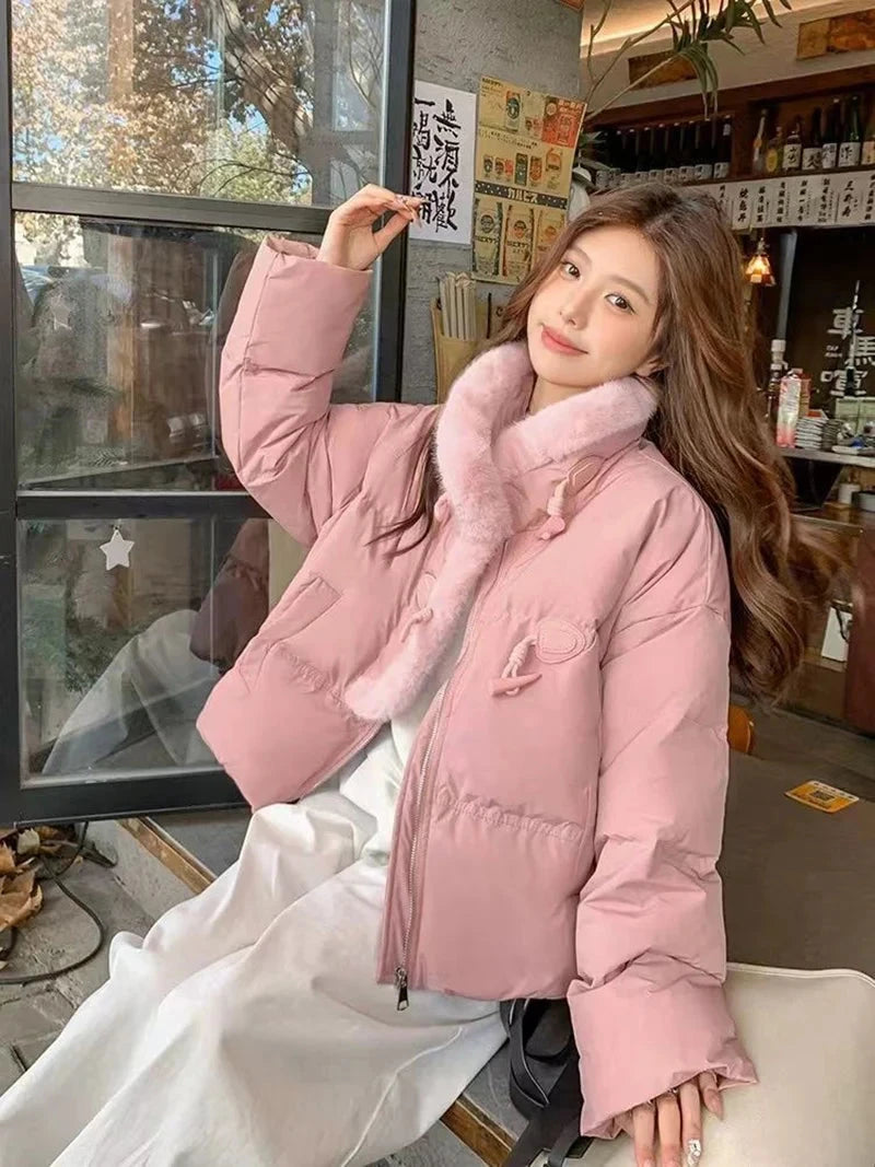 Winter Korean Pink Parkas Women Sweet Long Sleeve Warm Thick Cotton Coat Casual Stand Collar Preppy Style Lady Cute Jacket voguable