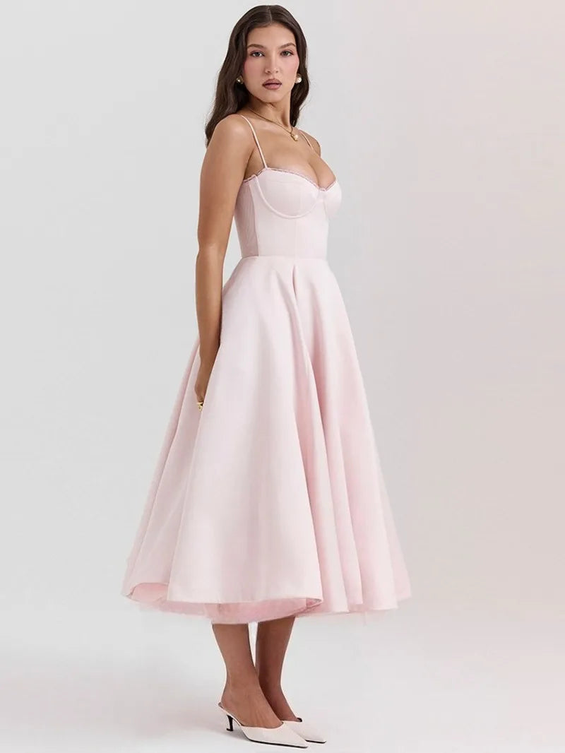 Summer Flare Midi Dress Elegant 2025 New Arrivals Spaghetti Strap Bustier Dress Women Dresses Sweet Pink Women Tops CHP1 voguable