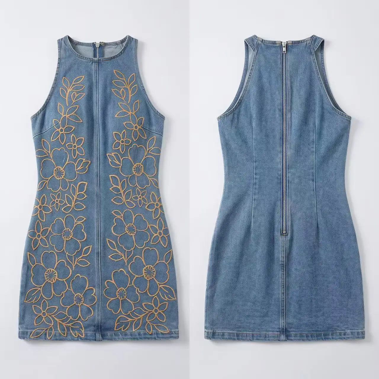 Voguable  Women Sleeveless Denim Mini Dress Golden Floral Embroidery Front Zip Halter Neck Bodycon Short Dress Y2K Streetwear Party Club voguable