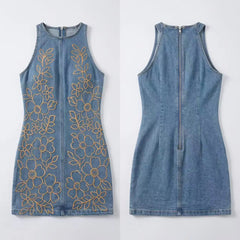 Voguable  Women Sleeveless Denim Mini Dress Golden Floral Embroidery Front Zip Halter Neck Bodycon Short Dress Y2K Streetwear Party Club voguable
