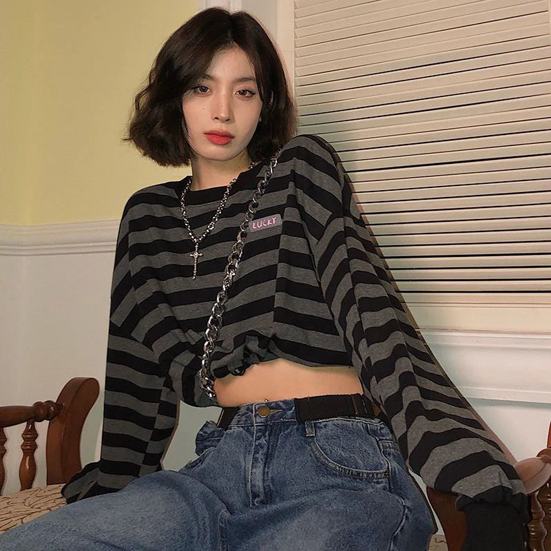 Voguable Sexy Cropped Y2K Striped Sweatshirts Women Harajuku Gothic Tops Vintage Streetwear Casual Bf Oversize Long Sleeve Pullover voguable