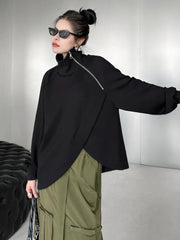 Loose Fit Black Zipper Irregular Sweatshirt New Turtleneck Long Sleeve Women Big Size Fashion Spring Autumn voguable