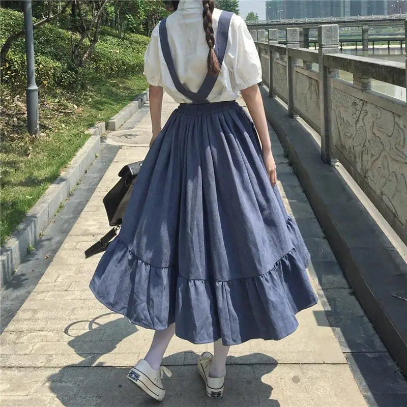 New Sweet Women Skirt Preppy Style Strap Long Skirt Ruffles Loose Cute Student Casual Skirt Female Skirts  HOT