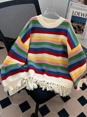 Sweet Rainbow Tassel Sweaters Women Vintage Cute Loose Long Sleeve Knitted Jumper Casual Retro O Neck Lady Hollow Out Pullovers voguable