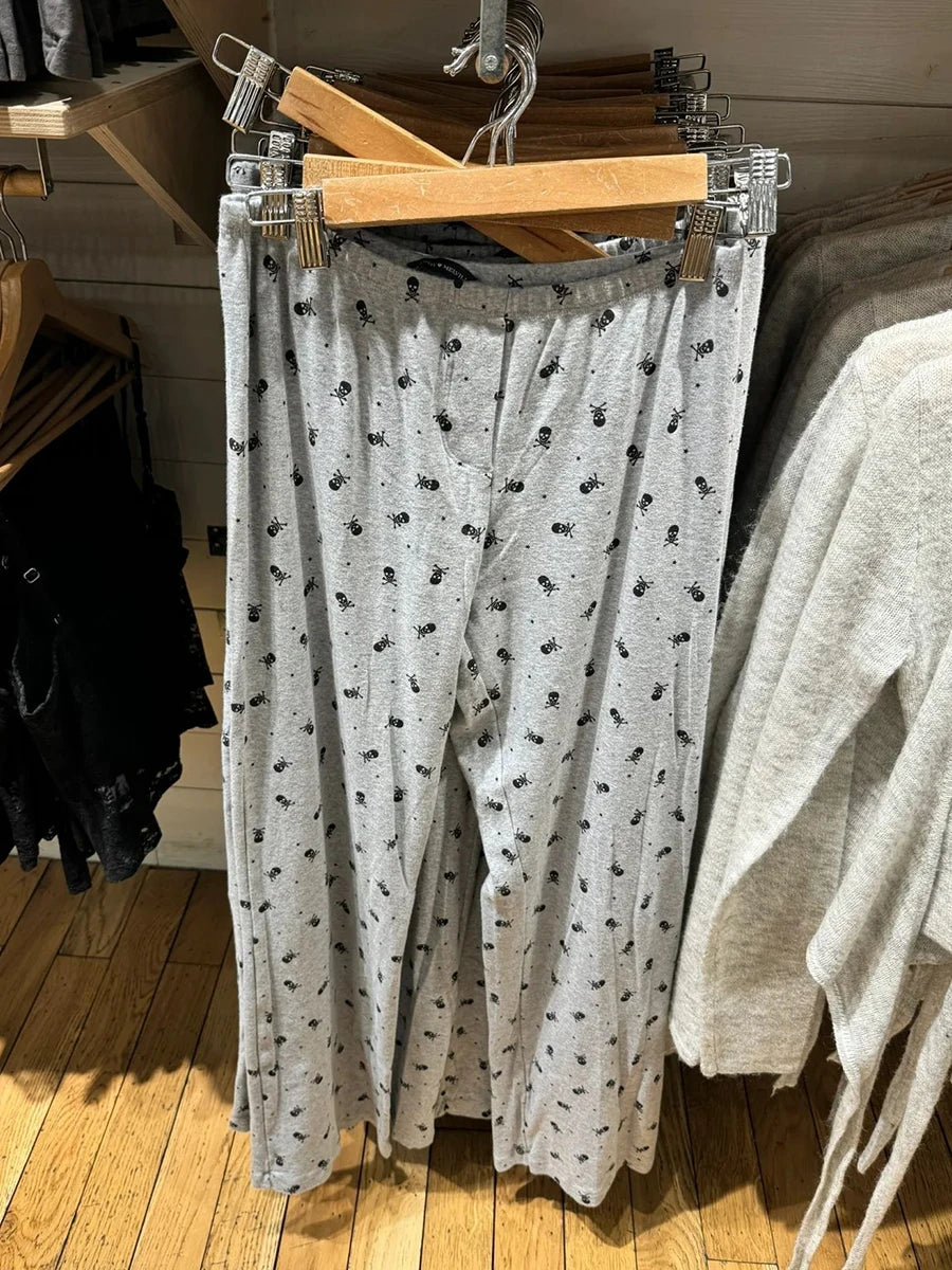 Skull Print Gray Vest Pants 2 Pieces Set Pajama Woman Sleeveless Slim Tank Top High Waist Straight Long Pant Cotton Vintage Sets voguable