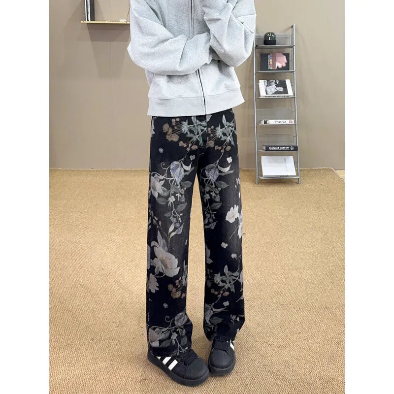 Flower Jeans Men Fashion Retro Printed Jeans Men Streetwear Hip-hop Loose Straight Jeans Men Baggy Vintage Denim Trousers voguable