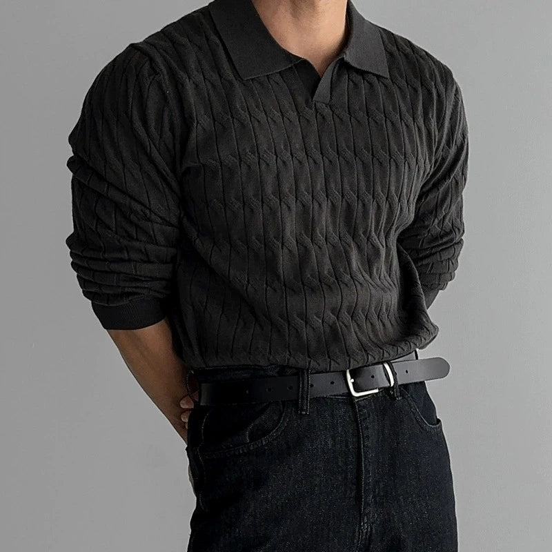 New American Fashion Jacquarded Men Polo Sweater Light Luxury V Neck Knit Solid Color Long-sleeved Tops Premium Quality Knitwear voguable