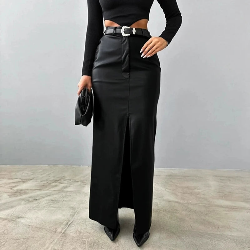 Sexy Slit Pu Leather Skirts Women High Waist Streetwear Slim Female Midi Skirts Y2K Korean Elegant Party Night Lady A Line Skirt voguable