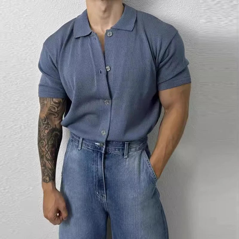 Summer Men's Clothing Light Luxury Knit Polo Shirt Korean Solid Color Short Sleeve Button-down Retro Fashion Leisure Knitwear voguable