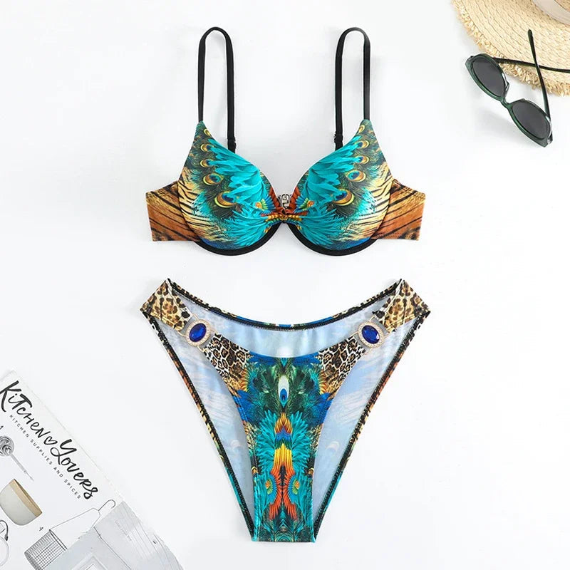 Voguable  Green Peacock Print 2-piece Bikini for Women,Summer New,rhinestone Low Waist Thong Swimsuit,underwire V-neck Bathing Suit voguable