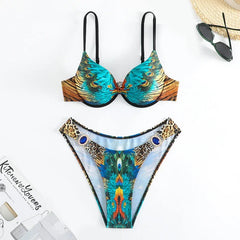 Voguable  Green Peacock Print 2-piece Bikini for Women,Summer New,rhinestone Low Waist Thong Swimsuit,underwire V-neck Bathing Suit voguable