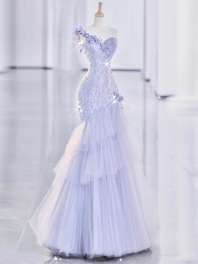 Voguable Purple Sequin Mermaid Bride Formal Evening Party Dress 3D Floar Shoulder Tulle Princess Birthday Gown for Wedding Guest voguable