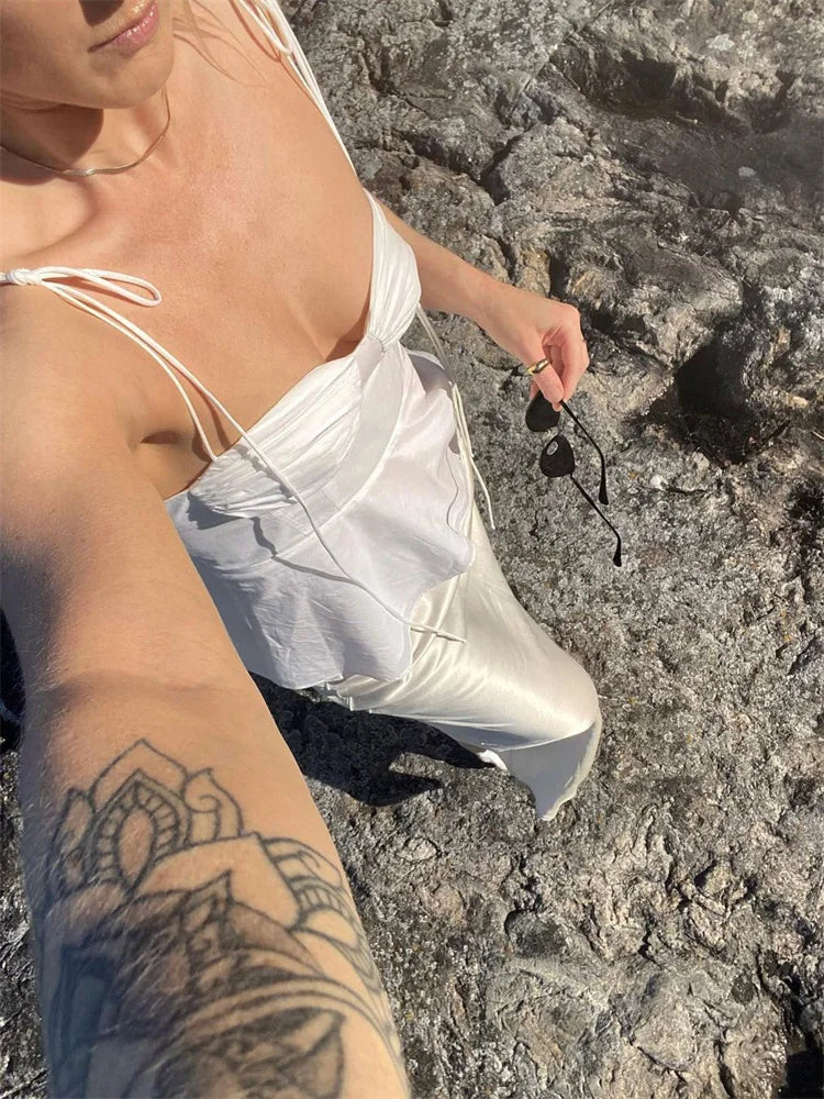 White Smocked Strappy Camisole Women's Sexy Sleeveless Ruffle Slim Bra Solid Color Streetwear Y2k Women's Tops Camisole voguable