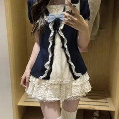 Voguable  American Retro Y2K Lace Ruffle Bow Top + Tiered Lace Mini Skirt Two Piece Set Vintage Harajuku Sweet Girl Streetwear Outfit voguable