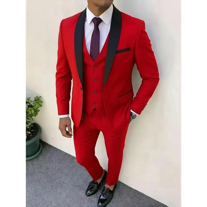 Voguable  Luxury 3pcs Men'S Slim Fit Groomsmen Suit  Dark green Jacket Vest Pant With Non-Stretch Fabric and Color Block Pattern voguable