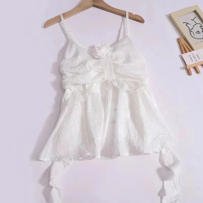 Voguable  Summer Women Sweet Halter Top Cute Core Gyaru French Vintage Camisole Coquette 2000s Aesthetic Ruffle Mori Girl Hot Sexy Kawaii voguable