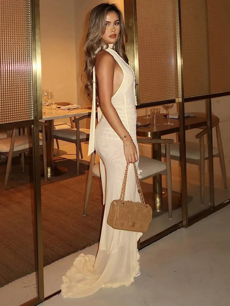 Halter Hollow Out Sexy Maxi Dress Women Gown Fashion Elegant Sleeveless Backless Bodycon Ruffle Club Party Dress New voguable
