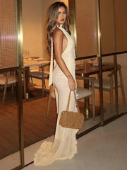 Halter Hollow Out Sexy Maxi Dress Women Gown Fashion Elegant Sleeveless Backless Bodycon Ruffle Club Party Dress New voguable