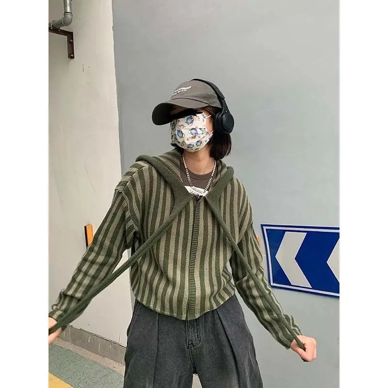 2025 Spring Autumn Korean Hooded Loose Harajuku Sweaters Women Striped Zipper Cardigan Knitted Fashion Gothic Y2k Tops Jumper voguable