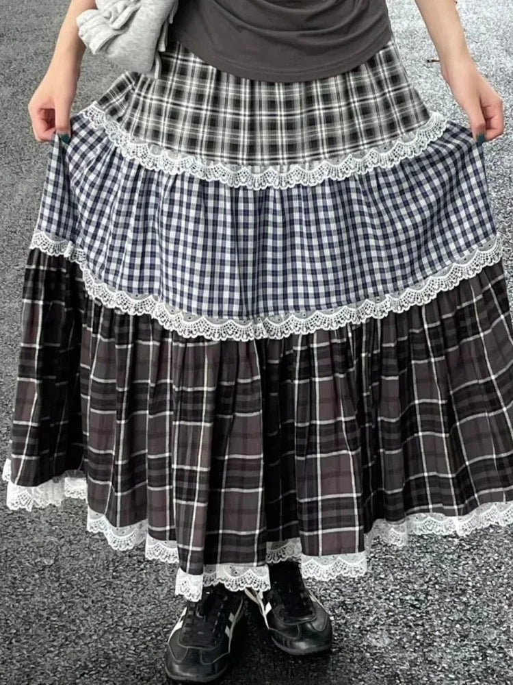 Vintage Harajuku Lace Plaid Skirt Women Preppy Style Long Skirts Autumn Winter Streetwear Retro A-line Ruffle Skirts voguable