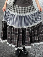 Vintage Harajuku Lace Plaid Skirt Women Preppy Style Long Skirts Autumn Winter Streetwear Retro A-line Ruffle Skirts voguable