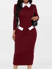 Voguable  Elegant Fashion Women's Pencil Dress Polo Collar Design Professional Long Sleeved Solid Color Office Lady Dress voguable