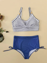 Voguable  Vintage Blue Striped Bikini Set Women Metal Strap Mesh Patchwork Push Up High Waist Swimsuit Beach Bathing Suit Swimwear voguable